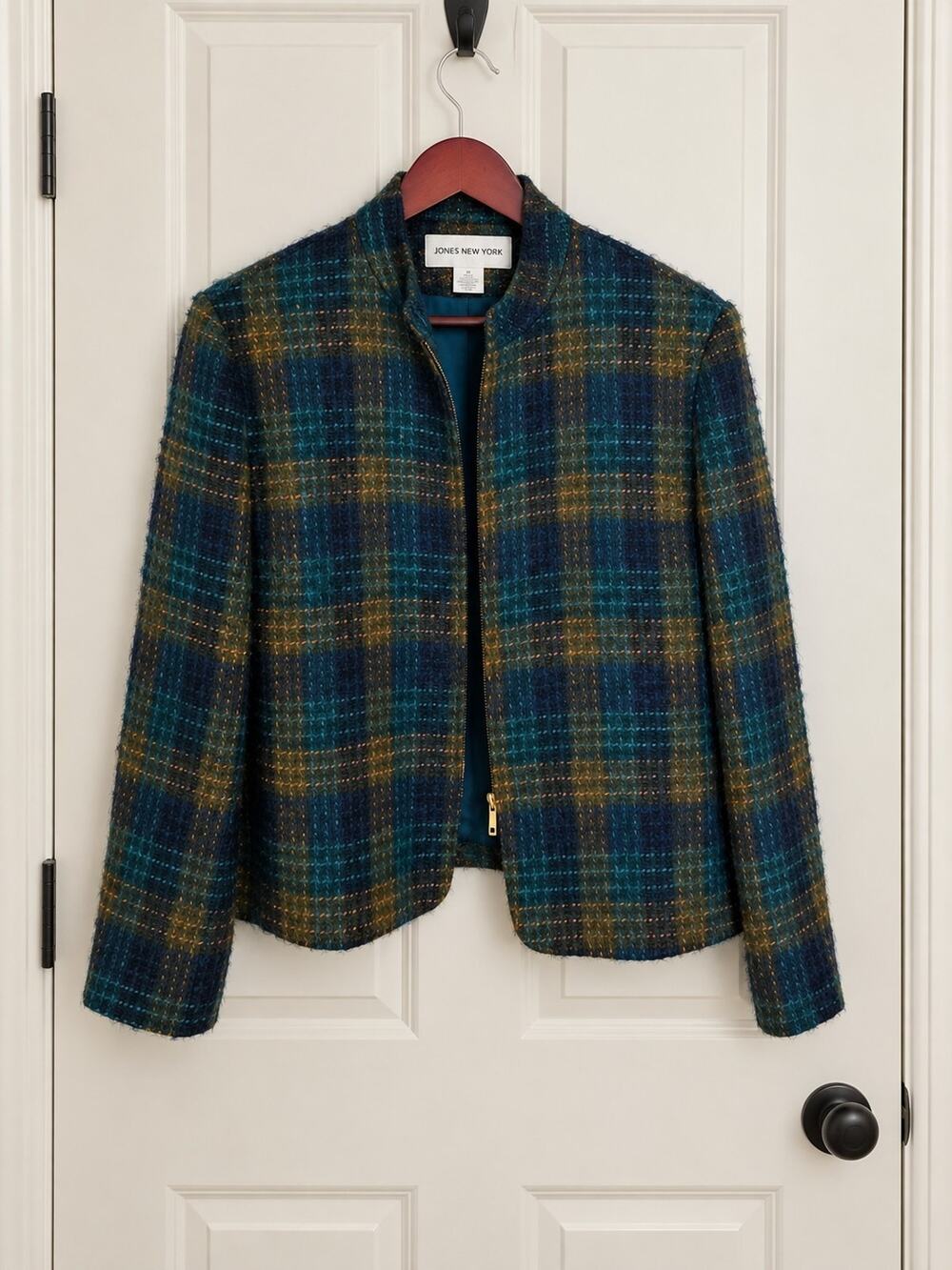 Jones New York Women 16 Wool Mohair Plaid Jacket Teal Blue Tweed Zip Vintage